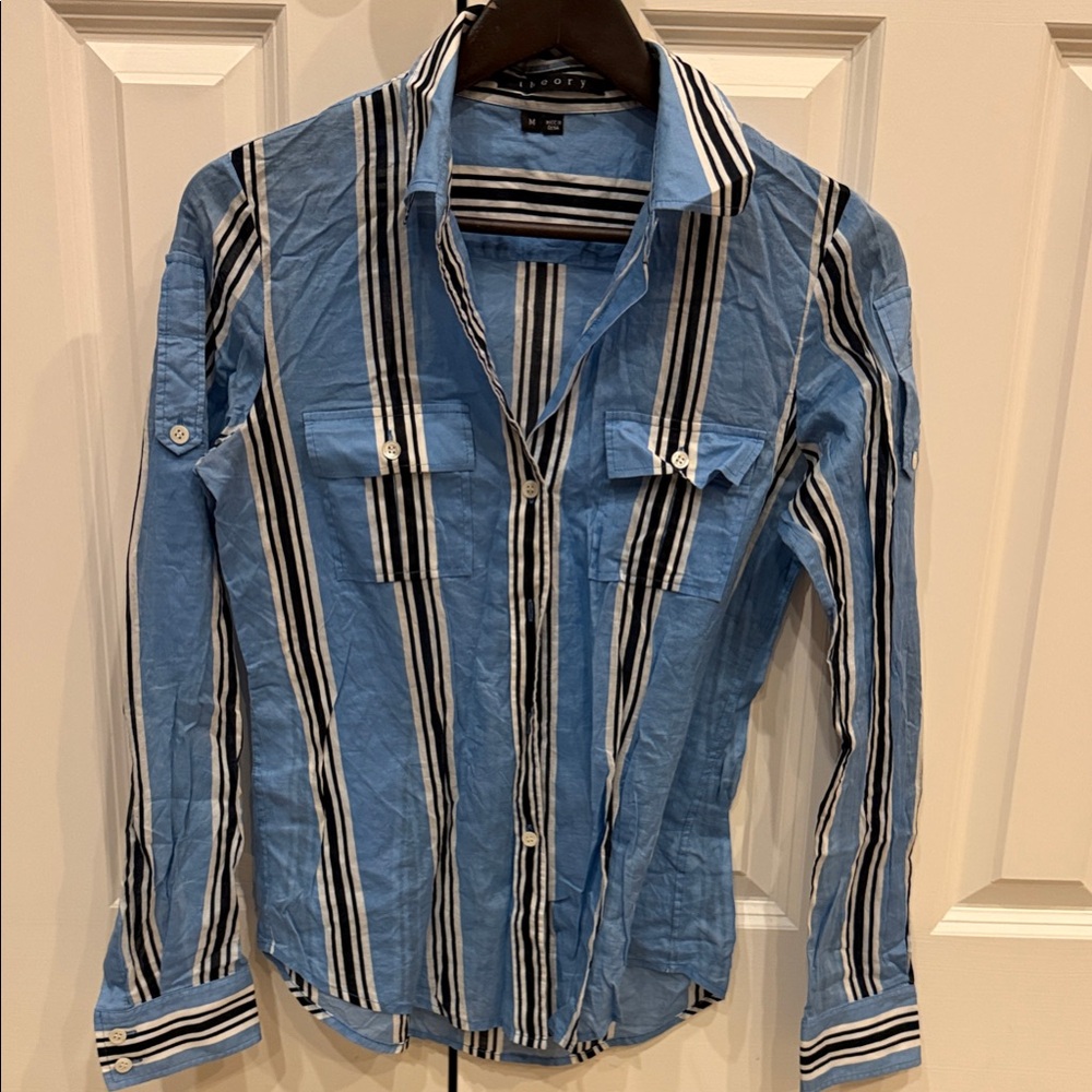 Theory Blue Shirt with Navy and White Stripes